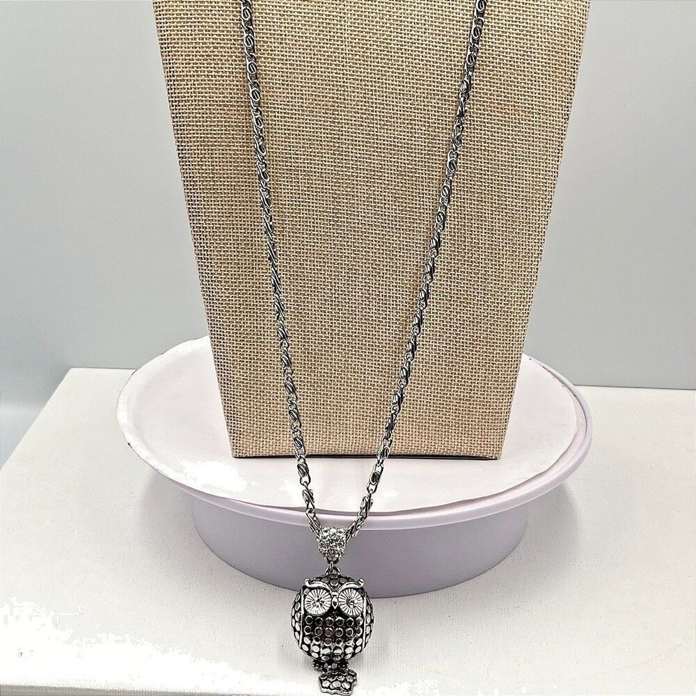 Vintage Chico's Silver Tone Pave Rhinestone Owl Long Pendant Necklace Retro